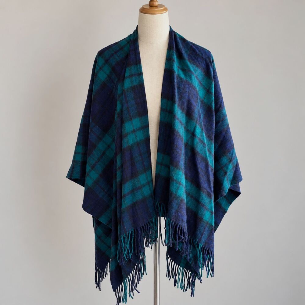 House of Bruar Tartan Plaid Ruana Wrap Poncho Lambs Wool NEW WITH TAGS